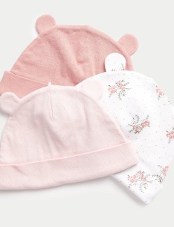 3pk Pure Cotton Floral Hats (0-12 Mths)