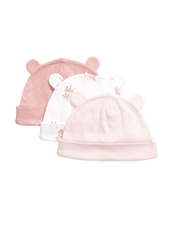 3pk Pure Cotton Floral Hats (0-12 Mths)