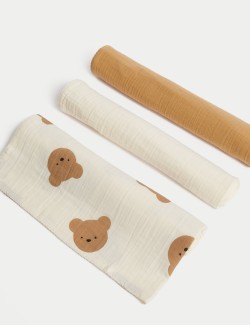 3pk Pure Cotton Bear Muslin Squares