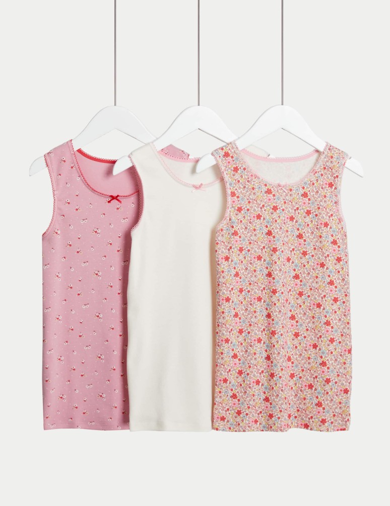 3pk Pure Cotton Floral Vests (2-14 Yrs)