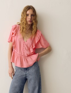 Double Cloth Floral Insert Ruffle Blouse