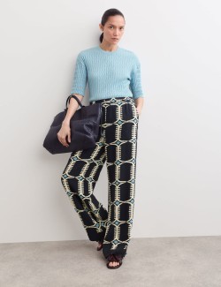 Pure Silk Geometric Print Wide Leg Trousers