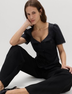 Cotton Blend Lace Detail Waisted Top