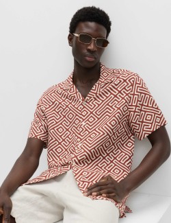 Easy Iron Linen Blend Geometric Short Sleeve Shirt