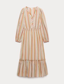 Pure Cotton Striped V-Neck Midaxi Dress