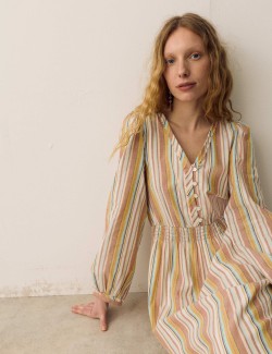 Pure Cotton Striped V-Neck Midaxi Dress