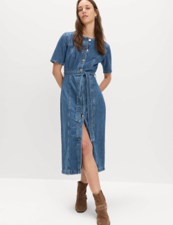Denim Button Through Midi Waisted Dress