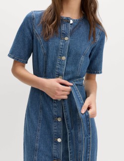Denim Button Through Midi Waisted Dress