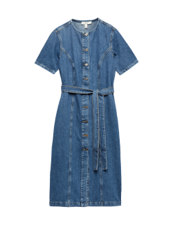 Denim Button Through Midi Waisted Dress