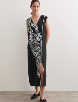 Pure Linen Coral Reef V-Neck Midi Dress