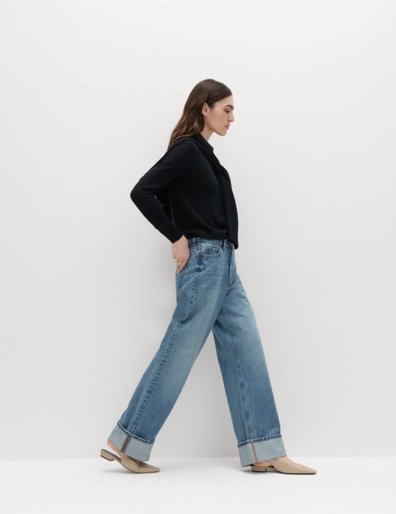 High Waisted Wide Leg Turn Up Jeans
