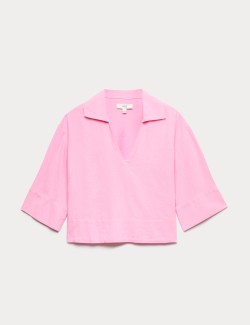 Linen Rich Collared Crop Top