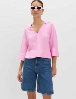 Linen Rich Collared Crop Top