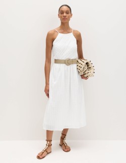 Pure Cotton Square Neck Strappy Midaxi Waisted Dress
