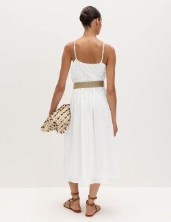 Pure Cotton Square Neck Strappy Midaxi Waisted Dress