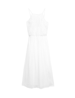 Pure Cotton Square Neck Strappy Midaxi Waisted Dress