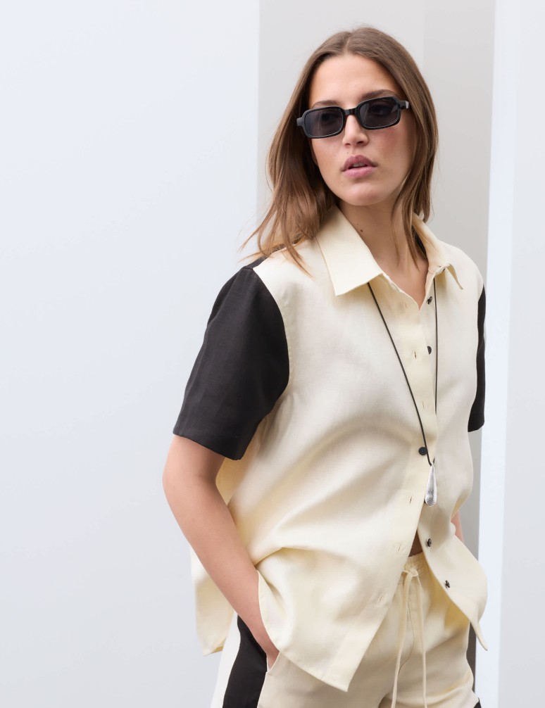 Pure Flax Linen Contrast Resort Shirt
