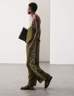 Floral Embroidered Wide Leg Trousers