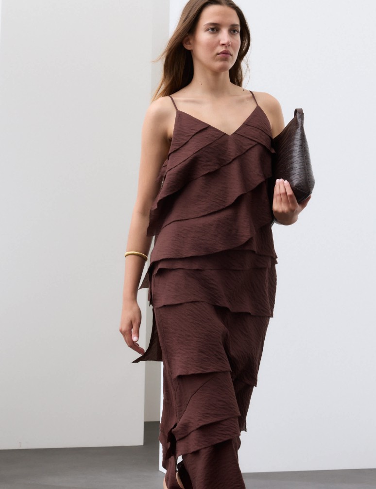 Textured V-Neck Ruffle Maxi Cami Dress