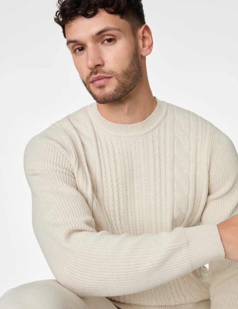 Cotton Blend Textured Crew Neck Jumper