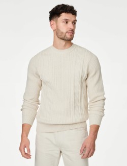 Cotton Blend Textured Crew Neck Jumper