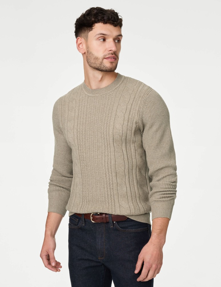 Cotton Blend Textured Crew Neck Jumper