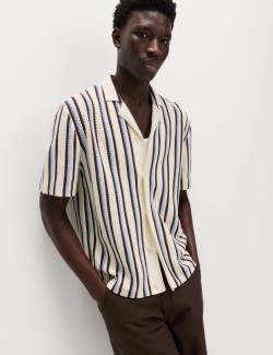 Cotton Textured Striped Knitted Polo Shirt