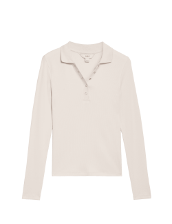 Cotton Rich Ribbed Collared Polo Top