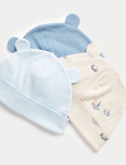 3pk Pure Cotton Nautical & Plain Sun Hats (0-1 Yrs)