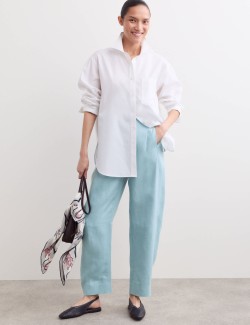 Pure Linen Belted Barrel Leg Trousers
