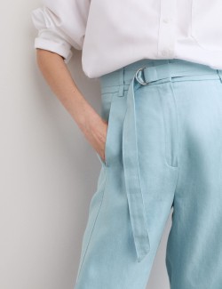 Pure Linen Belted Barrel Leg Trousers