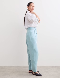 Pure Linen Belted Barrel Leg Trousers