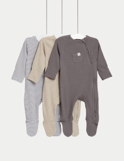 3pk Cotton Rich Striped & Plain Sleepsuits (0-3 Yrs)