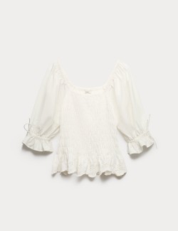 Pure Cotton Shirred Puff Sleeve Top