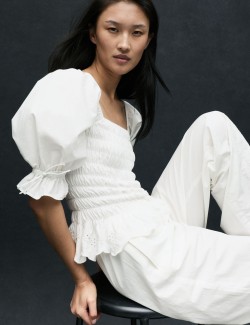 Pure Cotton Shirred Puff Sleeve Top