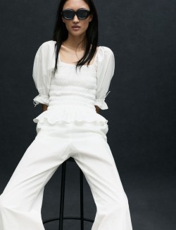 Pure Cotton Shirred Puff Sleeve Top