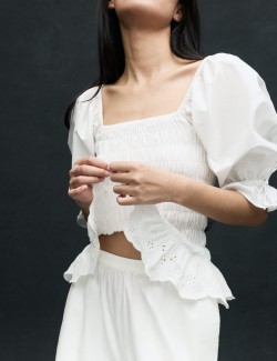Pure Cotton Shirred Puff Sleeve Top