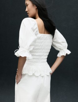 Pure Cotton Shirred Puff Sleeve Top