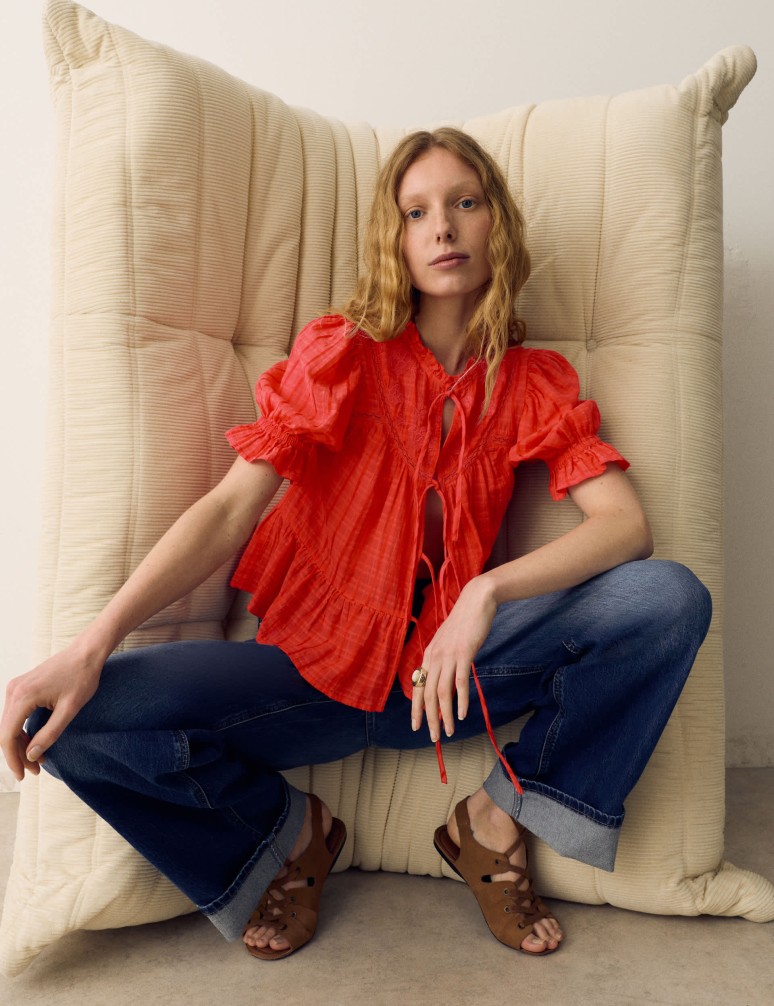 Cotton Rich Embroidered Yoke Tie Neck Blouse