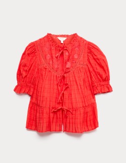 Cotton Rich Embroidered Yoke Tie Neck Blouse