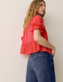 Cotton Rich Embroidered Yoke Tie Neck Blouse