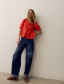 Cotton Rich Embroidered Yoke Tie Neck Blouse