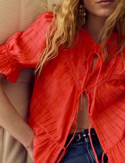 Cotton Rich Embroidered Yoke Tie Neck Blouse