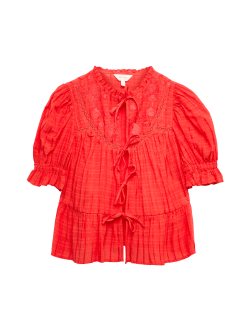 Cotton Rich Embroidered Yoke Tie Neck Blouse