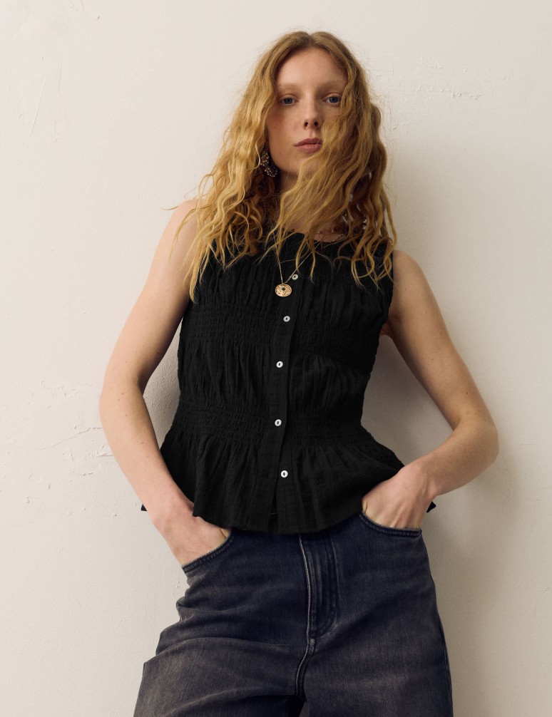 Pure Cotton Shirred Button Through Top