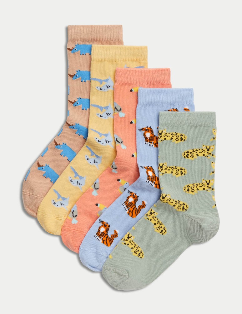 5pk Cotton Rich Animal Socks (6 Small - 7 Large)