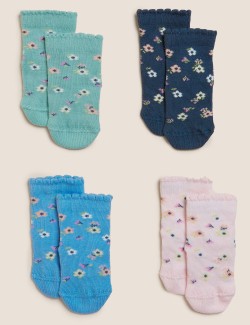 4pk Cotton Rich Floral Baby Socks (0-24 Mths)