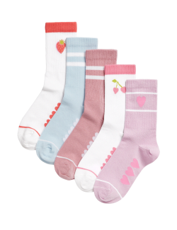 5pk Cotton Rich Ribbed Striped Heart Sport Socks (6 Small -7 Large)