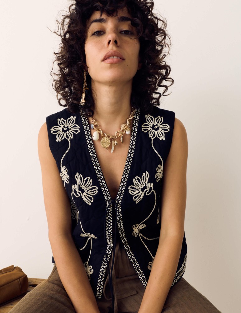 Pure Cotton Embroidered Quilted Gilet
