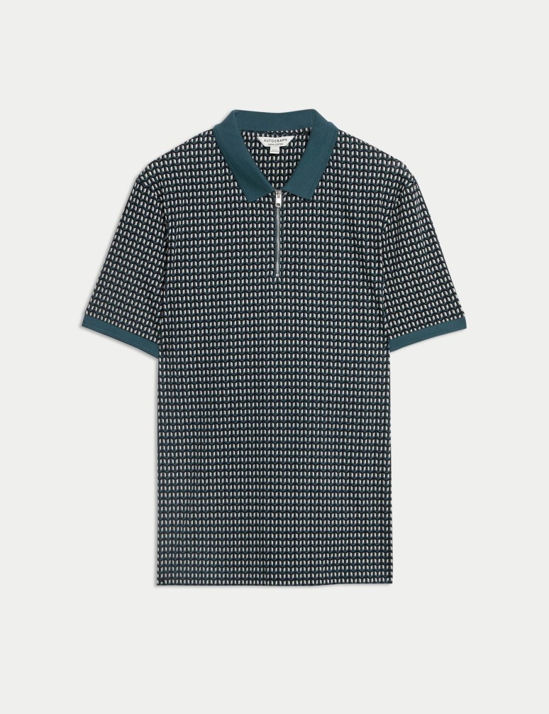 Cotton Rich Geometric Half Zip Polo Shirt